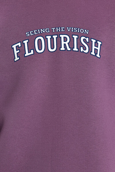 Trendyol Collection Τυπωμένο κείμενο Φούτερ σε σκούρο λιλά - φλις/ζεστό, κανονικό κόψιμο TMNAW24sw00188