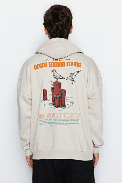 Trendyol Collection Fleecová mikina s kapucí se zvířecím potiskem – oversize, kámen TMNAW24sw00136