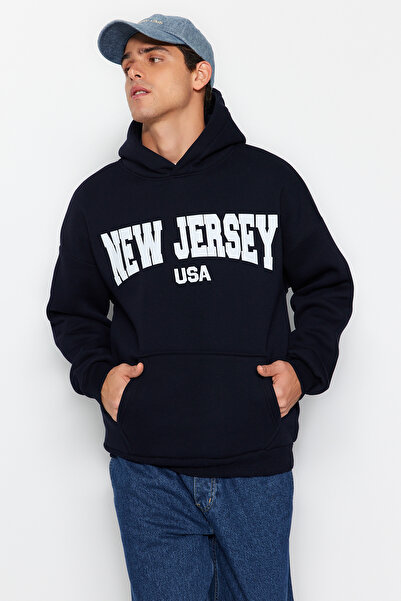 Trendyol Collection Námořnická modř 100% bavlna Oversize/Wide Fit City Potištěná fleecová/teplá mikina TMNAW24SW00167