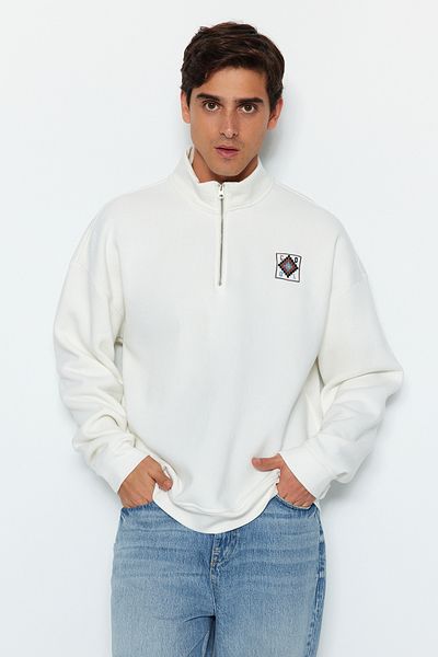 Trendyol Collection Mink Oversize/Wide Cut Zip up Stand Collar Embroidery Detail Fleece Cotton Sweatshirt Tmnaw24Sw00132