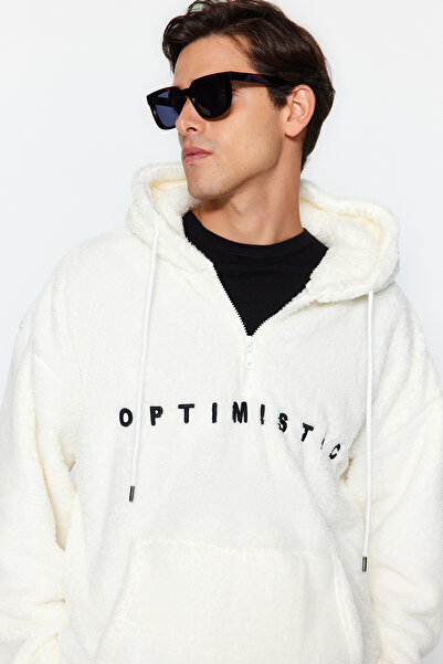 Trendyol Collection Світшот оверсайз Pelus екрю з напівзастібкою-блискавкою та шнуром TMNAW24SW00042