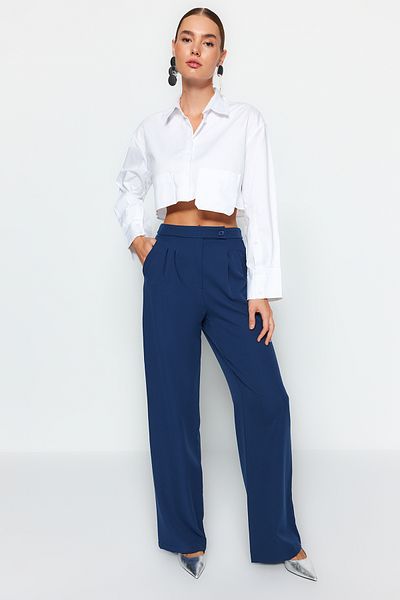 Trendyol Collection Magas derekú, széles szárú sötétkék szőtt nadrág - TWOAW22PL0066