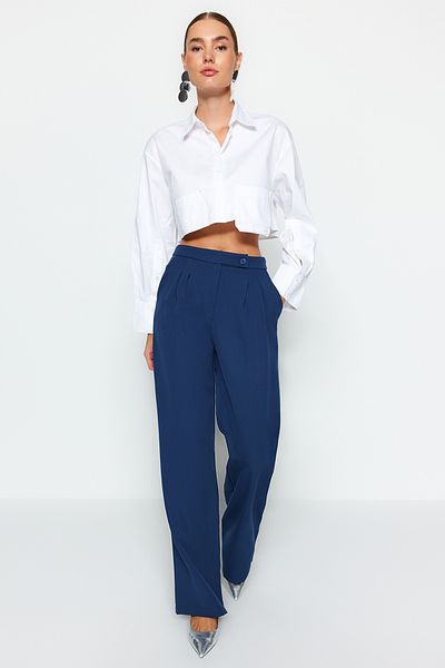 Trendyol Collection Magas derekú, széles szárú sötétkék szőtt nadrág - TWOAW22PL0066