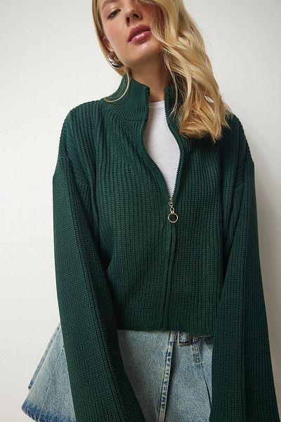 Happiness İstanbul Women's Emerald Green Zippered Knit Cardigan YY00172