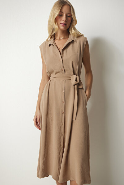 Happiness İstanbul Γυναικείο καλοκαιρινό πουκάμισο από λινό βισκόζη ζωσμένο με μπισκότο DD00927