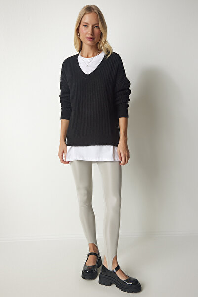 Happiness İstanbul Pulover de damă negru cu decolteu în V texturat tricotaj PF00011