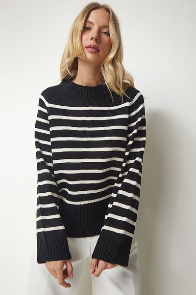 Happiness İstanbul Women's Black Striped Knitwear Sweater BP00148