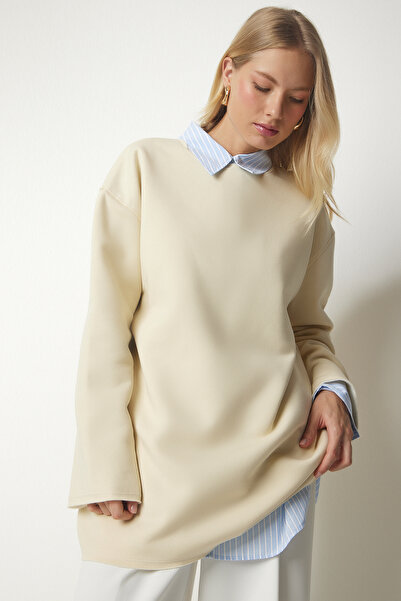 Happiness İstanbul Dámská latte žebrovaná oversize pletená mikina NJ00131