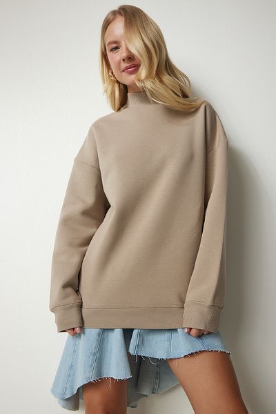 Happiness İstanbul Dámská mikina s límečkem Mink Stand Collar Basic Zvýšená mikina UB00166