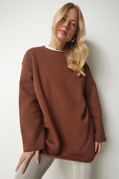Happiness İstanbul Braunes Oversize-Sweatshirt aus Strick mit Reliefmuster für Damen NJ00131