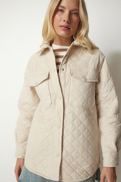 Happiness İstanbul Cremefarbene Nubukjacke für Damen mit Taschen UB00158