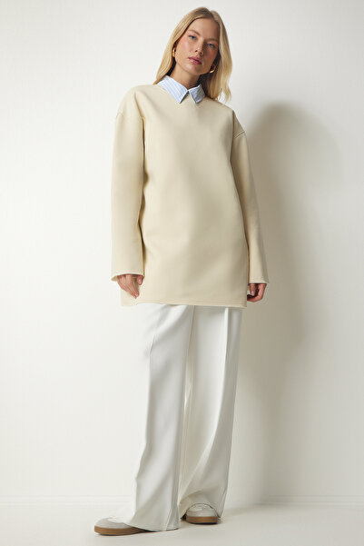 Happiness İstanbul Dámská latte žebrovaná oversize pletená mikina NJ00131