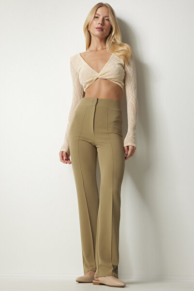 Happiness İstanbul Női világos khaki magas derekú lycra kényelmes kötött nadrág RV00090