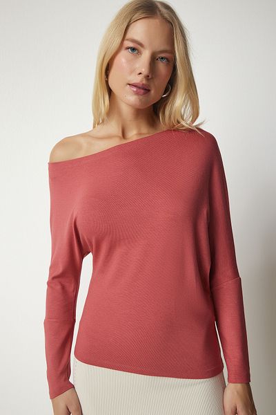 Happiness İstanbul Γυναικεία πλεκτή μπλούζα Dusty Rose Boat Neck UB00151