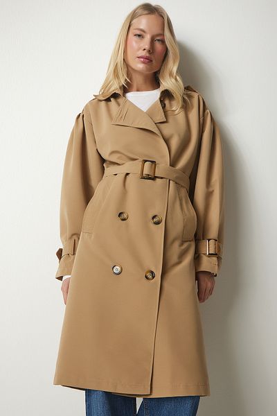 Happiness İstanbul Kamelfarbener zweireihiger Trenchcoat für Damen mit Kragen und Gürtel MC00220