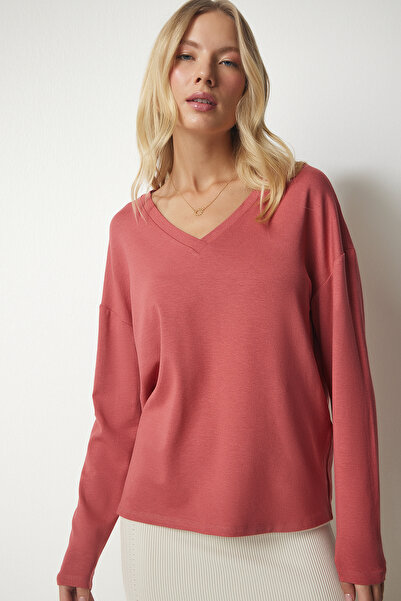 Happiness İstanbul Kadın Gül Kurusu V Yaka Triko Bluz UB00150