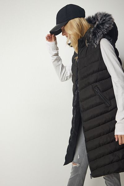 Happiness İstanbul Women's Black Furry Hooded Long Puffer Vest HK00025