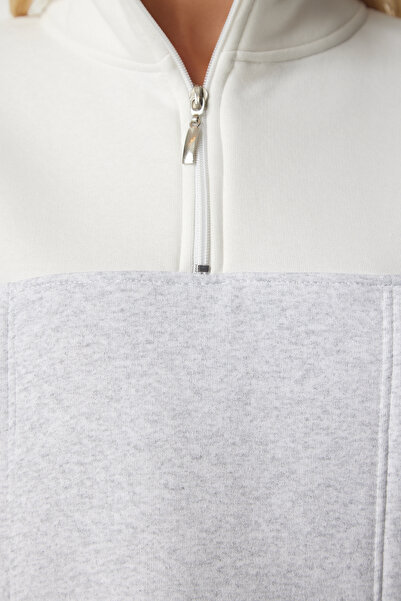 Happiness İstanbul Női szürke, rózsaszín cipzáras gallérral bordázott, kötött Crop pulóver NJ00130