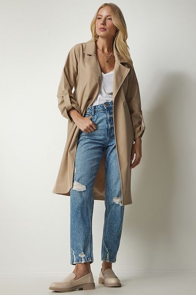 Happiness İstanbul Women's Beige Belted Seasonal Trench Coat DD01254