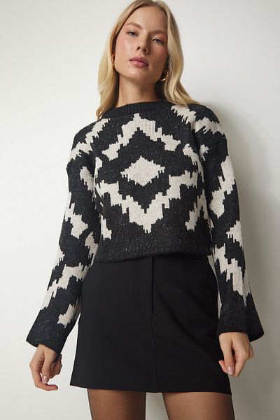 Happiness İstanbul Schwarz-beiger gemusterter Strickpullover für Damen BV00104