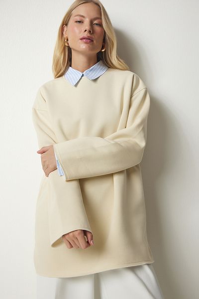 Happiness İstanbul Hanorac tricotat oversize cu nervuri latte pentru femei NJ00131