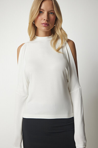 Happiness İstanbul Dámská pletená halenka Ecru s vysokým límcem UB00152