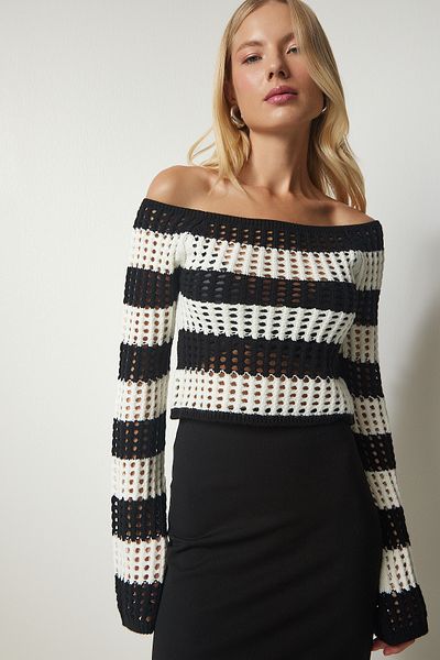 Happiness İstanbul Schwarzer, ecrufarbener, kurzer Strickpullover mit U-Boot-Kragen für Damen, PF00016