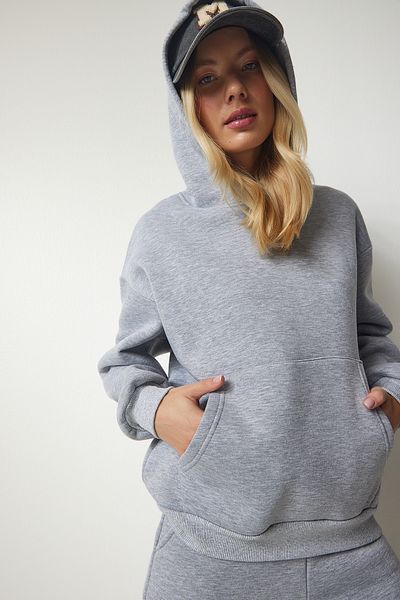 Happiness İstanbul Γυναικείες φόρμες γκρι Melange με κουκούλα Fleece DD00762
