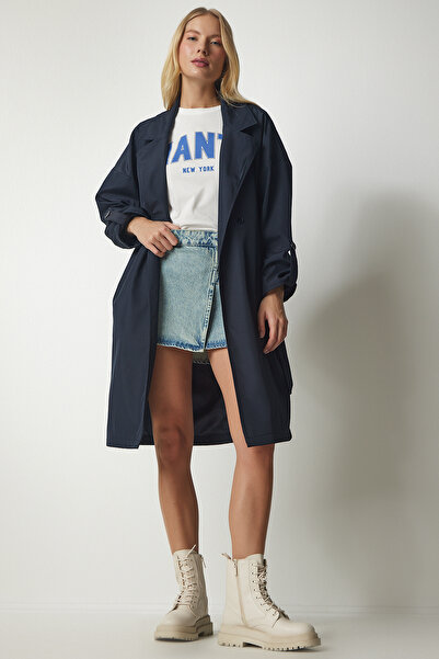 Happiness İstanbul Dámský sezónní trenčkot s páskem v námořnické modré DD01254