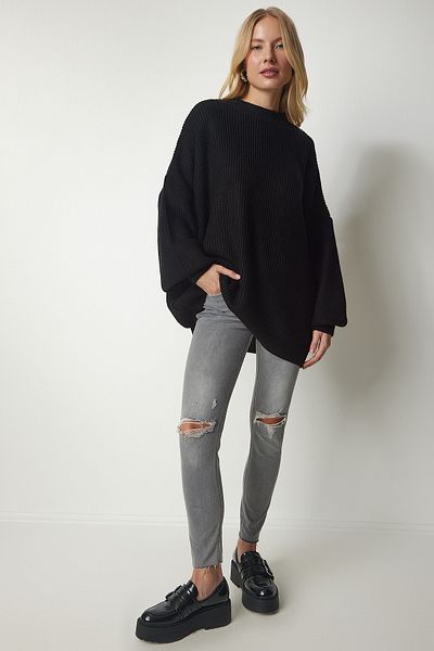 Happiness İstanbul Pulover de damă negru oversize tricot de bază mx00126
