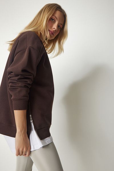 Happiness İstanbul Braunes Damen-Sweatshirt aus Strick mit Reißverschluss und Reliefmuster UB00148