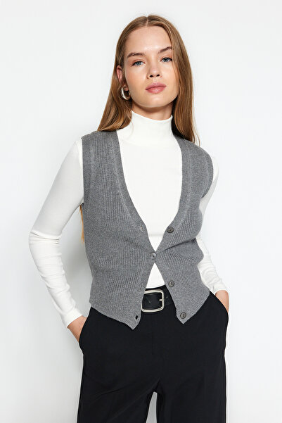 Trendyol Collection V-Neck Gray Premium Knitwear Vest - Special Yarn TWOAW24SV00049