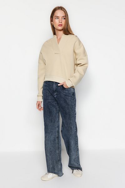 Trendyol Collection Stone Thick Fleece Uvnitř Mikina s kapucí Uvolněný Cut Crop Pletená mikina TWOAW24SW00065