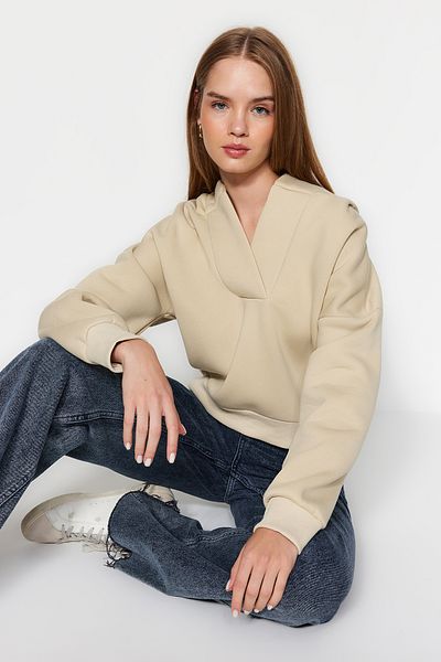 Trendyol Collection Stone Thick Fleece Uvnitř Mikina s kapucí Uvolněný Cut Crop Pletená mikina TWOAW24SW00065