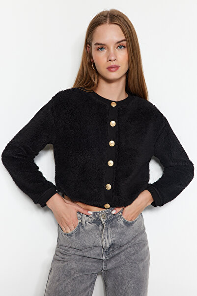 Trendyol Collection Black Gold Buttoned Plush Crop Knitted Cardigan TWOAW24HI00412