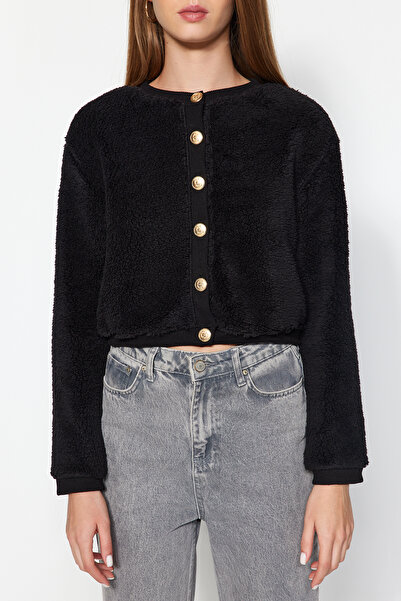 Trendyol Collection Black Gold Buttoned Plush Crop Knitted Cardigan TWOAW24HI00412