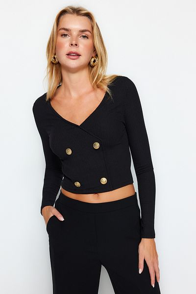 Trendyol Collection Czarna, zapinana na guziki szczegółowa, prążkowana, elastyczna bluzka z dzianiny, z dekoltem w kształcie litery V TWOAW24BZ00315