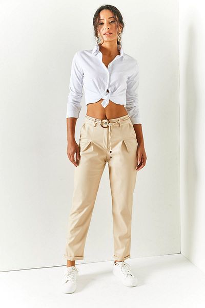 Olalook Women's Beige Pocket Belted Faux Leather Trousers with Fur Inside PNT-19000242