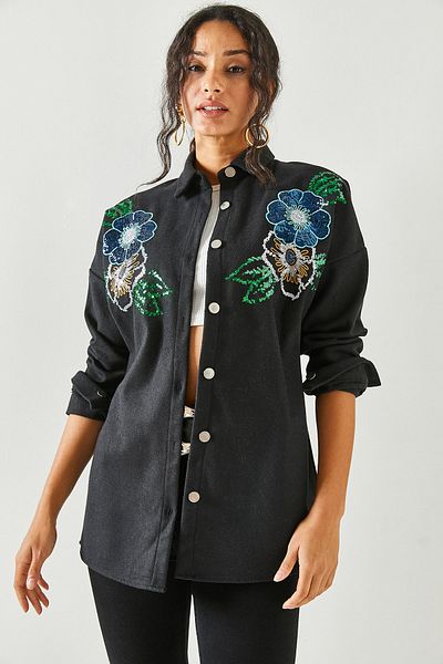 Olalook Dámská květinová černá flitrová košile s oversize razítko GML-19001145