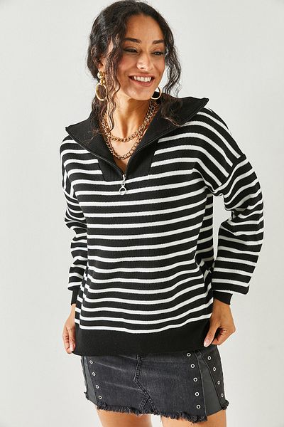 Olalook Pulover negru pentru femei, cu fermoar, cu guler mare, tricotaj, KZK-19000624