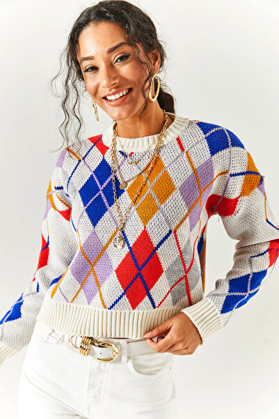 Olalook Dámský pletený svetr Ecru s diamantovým vzorem KZK-19000622