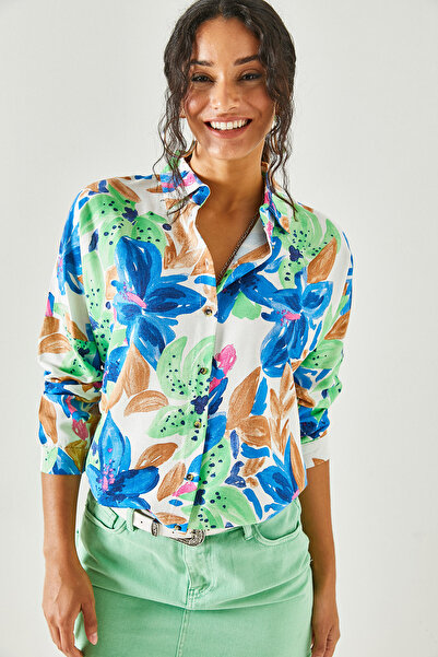 Olalook Women's Saks Blue Green Bat Oversize Linen Viscose Shirt GML-19001071