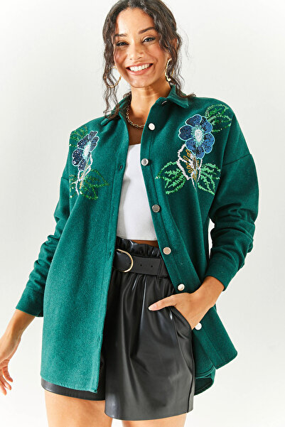 Olalook Γυναικείο πουκάμισο με λουλουδάτο σμαραγδί πράσινη παγιέτα με λεπτομερή στάμπα GML-19001145