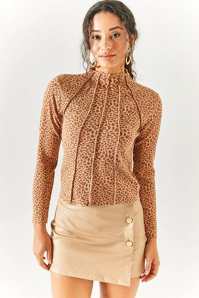 Olalook Γυναικεία Leopard Brown Piece High Collar Lycra Crop Μπλούζα BLZ-19002398