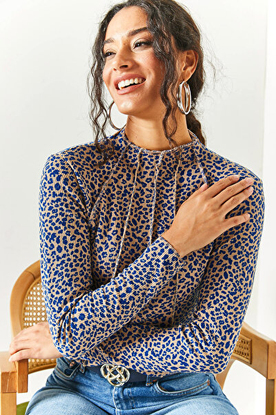 Olalook Γυναικεία Leopard Saks Blue Piece High Collar Lycra Crop Μπλούζα BLZ-19002398