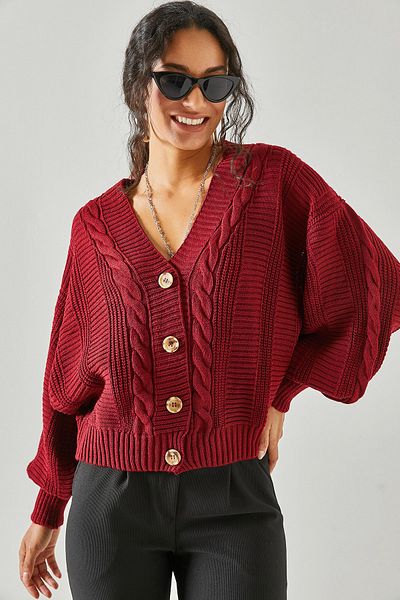 Olalook Cardigan din tricotaje împletit cu păr gros din Bordeaux pentru femei HRK-19000082