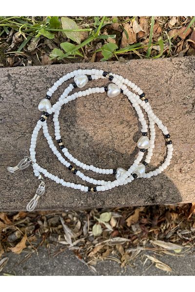 Stoneday Black and White Colored Gold Design with Pearls and Hearts Sand Bead Glasses Strap Sunglasses Accessory Rope