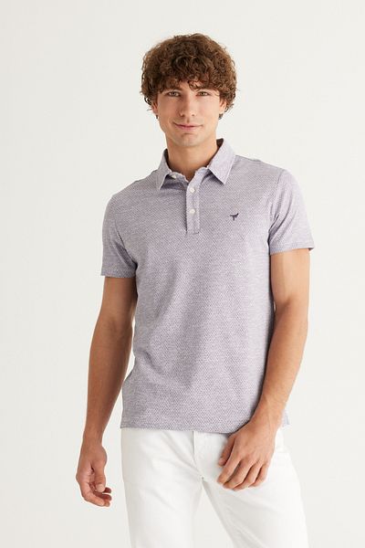 AC&Co / Altınyıldız Classics Lila-weißes, bügelleichtes Slim-Fit-Jacquard-T-Shirt mit schmalem Schnitt und Polokragen und kurzen Ärmeln für Herren