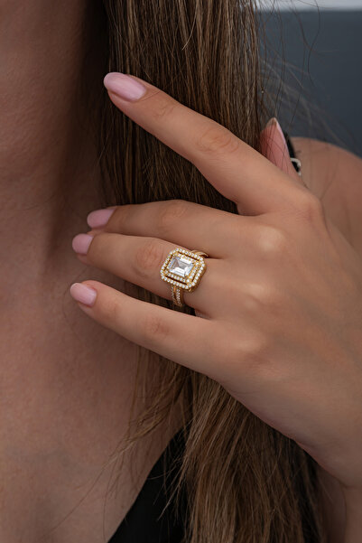 ALYANSEVİM Altın Kaplama Zirkon Taşlı Baget Gümüş Tektaş Yüzük