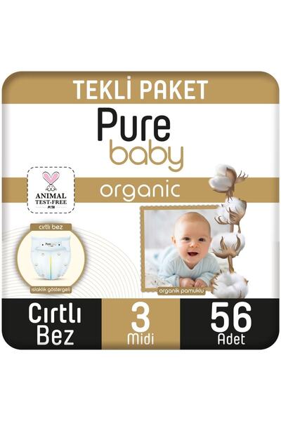 Pure Baby Organik Pamuklu Cırtlı Bez Tekli Paket 3 Numara Midi 56 Adet